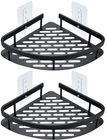 Cheerhom Etagere Douche Angle Salle de Bain, 2 Pcs Étagère de Douche sans Perçage en Acier Inoxydable, Etagere Angle Douche avec 4 Pcs Crochets pour Rangement de Douche Shampoing, Gel Douche (Noir)