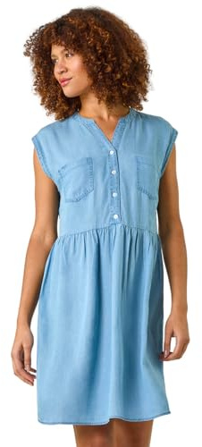 Roman Originals Denim Button Detail Gathered Dress for Women UK - Ladies Everyday Holiday Spring Summer Notch Neckline Comfy Soft Evening Vacation Work Party - Light Denim - Size 18