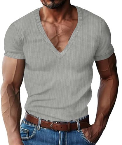 Herrenmode Frühling und lässiges -Kurzarm-T-Shirt mit V-Ausschnitt und einfarbigem T-Shirt Uhr Herren Billig (Grey, XXL)
