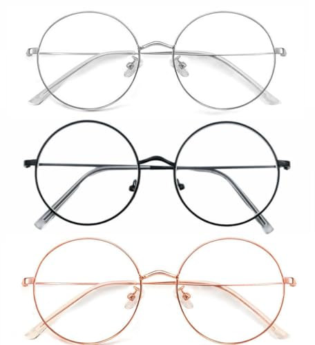 ChAusa 3 Stücke Blaulichtfilter Brillen Damen Herren Set Brille ohne Sehstärke Blue Light Blocking Glasses Runde Retro Rundbrille fur Gaming Brille,Alltag,Büro(Schwarz Silber Rosengold)