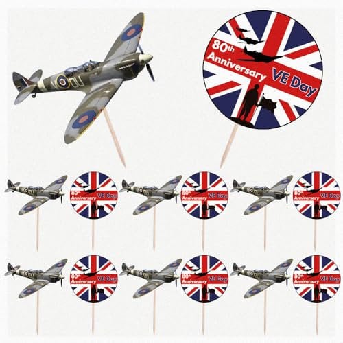 AK Giftshop VE Day Party Food & Cupcakes Picks Decorations Toppers - 80th Anniversary Spitfire Union Jack Flag Mix (pack of 14)