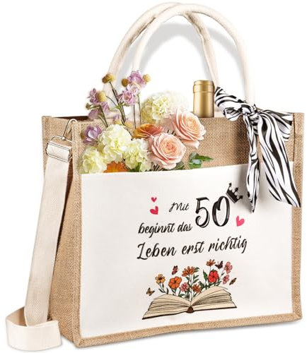 Giftota Jutetasche, Geschenk 50 Geburtstag Frau, Faltbare Wasserdicht Einkaufstasche für Freundin, Ehefrau, Kollegin, Mama, Jute Tote Bag, Shopper, Strandtasche