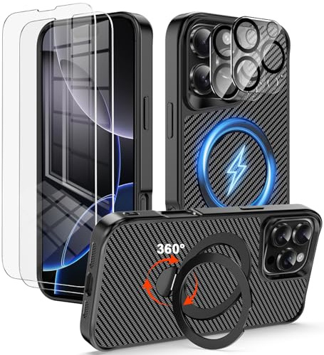 Ezanmull for iPhone 16 Pro Max Case with 360° Magnetic Stand [Compatible with MagSafe] – Carbon Fiber Protective Cover + 2X Tempered Glass Screen Protectors & 2X Camera Lens Protectors (Black)