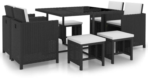 Qnhdfrt Rattan Essgruppe 9 teilig Schwarz PE Geflochten Outdoor Esstisch mit 4 Stühlen 4 Hockern und 12 Cremeweißen Kissen für Garten Terrasse Balkon