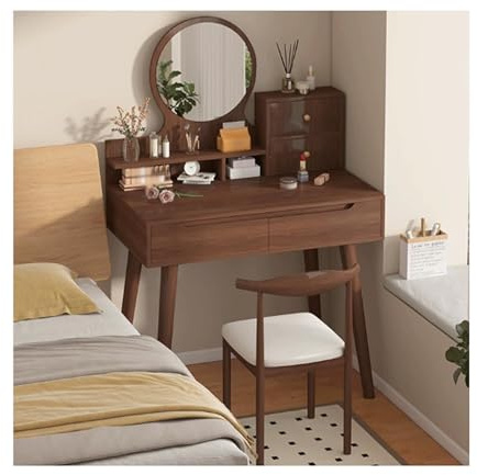 JUSKAQZYI schmink Tisch Schminktisch mit rundem Spiegel und Beleuchtung, Kleiner Frisiertisch fürs Schlafzimmer mit viel Stauraum, Eiche, 78,7 cm schminktische(Walnut,Double)