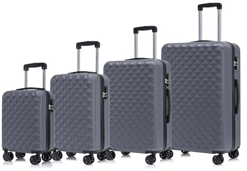YONSLY Koffer Suitcase Set, Trolley Reisekoffer, Rollkoffer Handgepäck, Kofferset, Gepäckset mit 360° Rollen, Hartschalenreisekoffer, Zahlenschloss, Weicher Gummigriff (4er Set, S,M,L&XL, Grau)