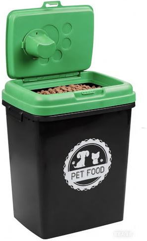Greenfields 40L/15KG - Pet Food Storage Airtight Storage Container with Flip Top Locking System - Integrated Scoop Food Dispenser Bin, Birds, Pets, Cat, Dog, Fish, Pellet (Black/Green)