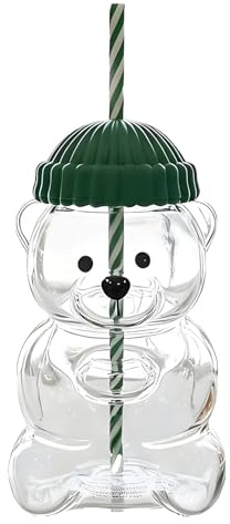 SKENGWEL Cute Bear Glass Cup, Glass Bears Cup with Lid and Straw, Bears Shaped Glass Cup