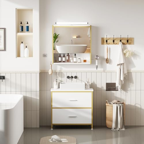 ELUCHANG Badmöbel Set 2,Waschbeckenunterschrank und Spiegelschrank Bad mit Beleuchtung,Badezimmer Set 60cm,Badezimmermöbel Komplett,Unterschrank Waschbecken mit 2 Schubladen,MDF+Metall,Weiß+Golden