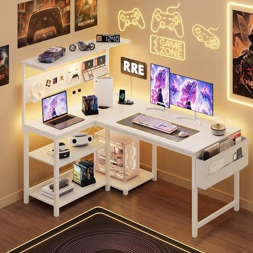 YOUDENOVA Gaming Schreibtisch L-Form mit LED, Steckdose & USB, Wendbarer Eckschreibtisch mit Regal & Lochwand, 120x80cm Computertisch mit Stauraum & PC-Halter, Gamer Tisch für Homeoffice & Gamer Weiß