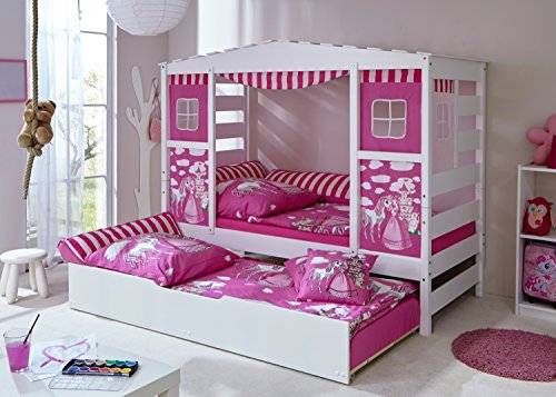 TiCAA Kinderbett Hausbett mit Schubkasten 90x200 cm, für Jungen & Mädchen, inkl. Vorhangstoff, Fallschutz, Montessori Bett weiß aus Kiefer Massivholz