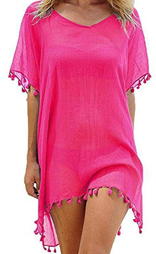 heekpek Damen Strandkleid Sommerkleid Bikini Cover Up Fransen Strandkleid Sommer Bademode Longshirt Tunika Strandponcho (Rosa Pink)