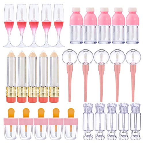 Vankcp 30 Stück süße leere Lipgloss-Tuben, 6 Stile, Lippenglasur-Röhren, Neuheit Rotweinglas, Lippenölflaschen, leere Lippen, nachfüllbare Lippenbalsam-Behälter für Frauen und Mädchen, DIY (5/8/10 ml)