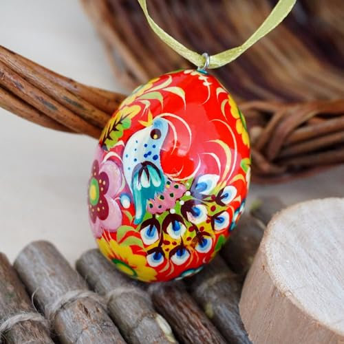 Schönes rotes Osterei aus Holz 6-7 cm, zum Aufhängen - Ostereier-Deko Kräftige Farben Ukrainische handbemalte Ostereier Pysanky