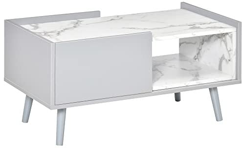 HOMCOM White Coffee Table with Faux Marble Top, 2-Tier Wood Center Table Sofa Table with Storage Drawer and Shelf for Home Living Room Reception Room