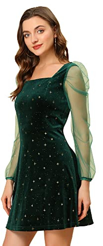 Allegra K Women's Sparkly Glitter Velvet Mesh Sheer Sleeve Star Metallic Dress Small Green