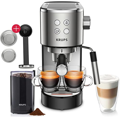 Krups Virtuso Machine à expresso avec porte-filtre 15 bar, vainqueur du test Stiftung Warentest + moulin à café F20342 + tamper, avec buse professionnelle pour mousse de lait, arrêt automatique en