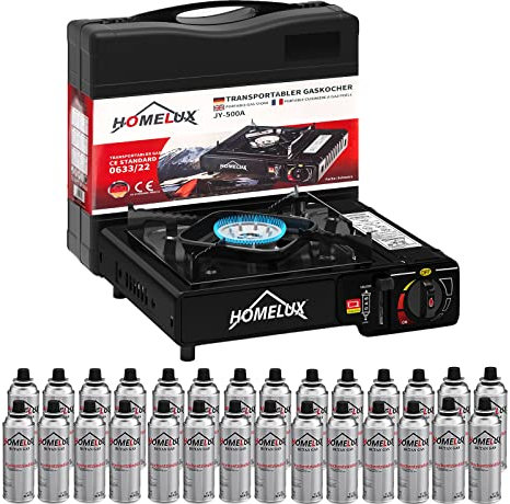 HOMELUX Gaskocher mit 28 Gaskartusche, Campingkocher 2,2 KW, inkl. Aufbewahrungsbox, Campingkocher Set, Camping Gaskocher, Kartuschen-Kocher für im Outdoor
