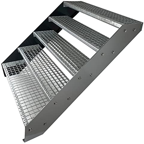 Kaminbau Mierzwa Premium Stahl Treppe Verzinkt & Silber Pulverbeschichtet 5 Stufen (Breite 140 cm) (Höhe 95 cm) Wetterfest Gitterroststufe Gartentreppe
