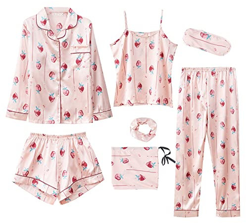 Jamron Damen 7PCS Satin Pyjama Set Frühling Sommer Herbst Tops & Kurze Hose Nachtwäsche SN07655 Erdbeere L