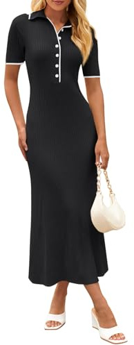 MEROKEETY Women's Spring Summer Ribbed Maxi Dress 2026 Bodycon V Neck Button Short Sleeve Slim Fit Knit Sweater Dresses, Black, Medium