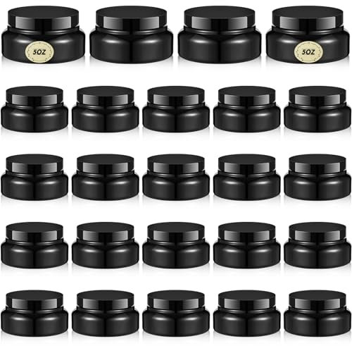 Tessco Lot de 24 bocaux en plastique avec couvercles et étiquettes - Ronds rechargeables - Récipients vides pour le corps, le beurre, le sucre, le gommage - Noir - 141,7 g
