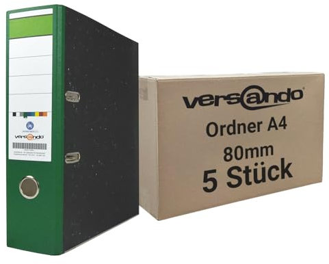 versando 5x breiter Premium Ordner DIN A4 Rücken 8cm Aktenordner Ringordner - Blauer Engel zertifiziert - grün