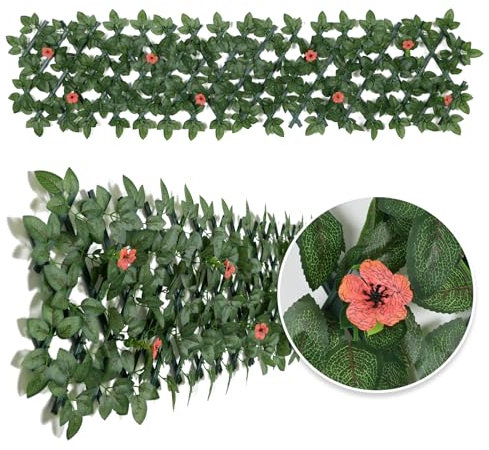 Panneaux extensibles pour clôture de jardin - Brise-vue avec lierre synthétique et fleur - 200 x 30 cm (fleur rouge)