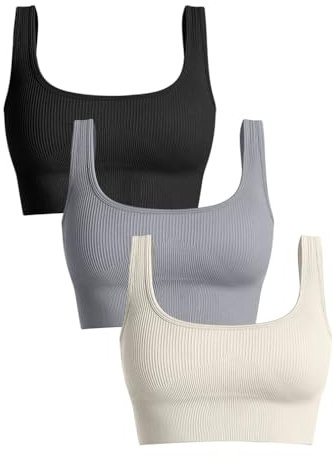 OQQ Damen 3-teilige BHS Medium Support Tank Top gerippt Nahtlose Abnehmbare Cups Training Sport BH Schwarz Grau Beige