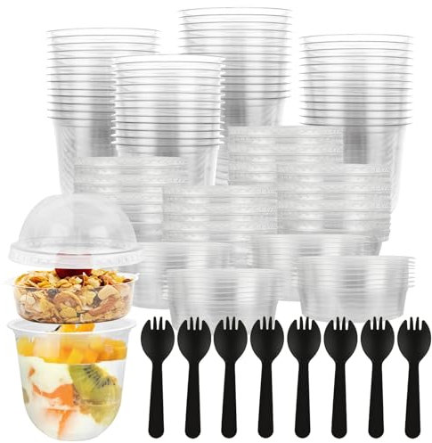 LDXDRU 100 Pack 360ml / 12oz Plastic Dessert Cups with Lids, Clear Parfait Appetizer Cup with Spoon & Insert, Round Trifle Bowls Smoothie Cups Serving Bowl for Yogurt Pudding Mousse Party