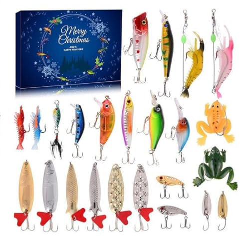 24 Days Christmas Countdown Fish Tackle Set, Angel Adventskalender 2024, Angelköder Weihnachts Countdown Kalender, 24 Angeln Köder Set Adventskalender für Fischer Erwachsene Teenager Jungen (B)