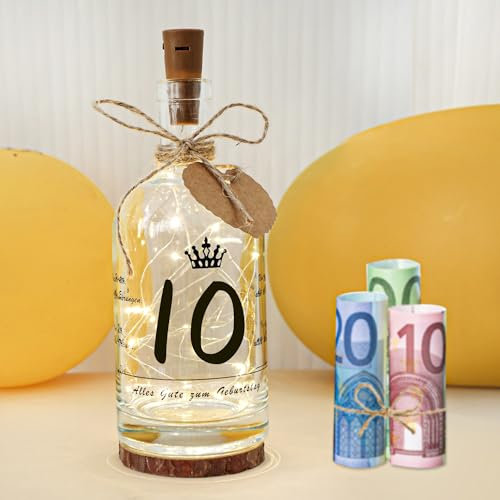 Seutgjie 10. Geburtstag Mädchen Geschenk, Deko 10 Geburtstag Geldgeschenke LED Flaschenlicht mit Spruch für Frauen Mädchen Junge Personalisiertes Geschenk