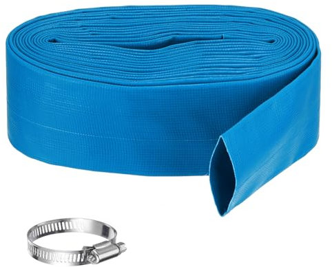 Rebower Pool Backwash Hose, 2 Inch x 25ft Reinforced Drain Hose PVC Lay Flat Water Discharge Pump Hoses for Pool Filter Swimming Pump, with 1pcs Clamps, Blue
