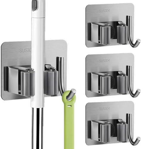 Mwrenqei 3 PCS Mop Broom Holder Wall Mounted Broom Grab Holder Self Adhesive Stainless Steel Broom Handle Bracket with Hooks Hanger for Bathroom Kitchen Closet Garden Organizer