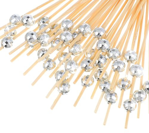 Mabor 100Pcs Disco Ball Toothpicks for Appetizers, Silver Cocktail Picks for Drinks Fruit Food Fancy Bamboo Skewers for Disco Themed Party Decorations 4.7 Inch