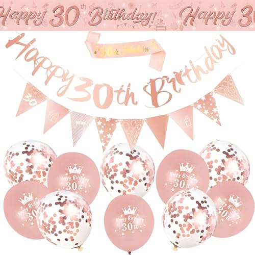 30th Birthday Decoration Rose Gold Happy Birthday Party Decorations Set with Rose Gold Latex Balloons Banner Triangle Flag Latex for Women Birthday Party Supplies (30th)