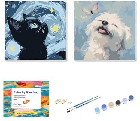 FLAJZ Lot de 2 peintures par numéros - Animaux pour enfants avec cadre - Kit de bricolage créatif chat et chien - Kit de peinture créatif pour garçons et filles - Kit de peinture sur toile avec