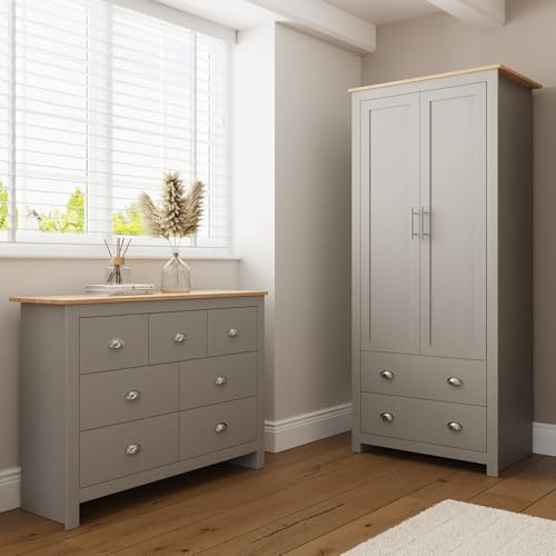 GFW Lancaster Grey & Oak Bedroom 2 Piece Furniture Set, 7 Drawer Chest & 2 Door 2 Drawer Wardrobe, Shaker Style Storage Package
