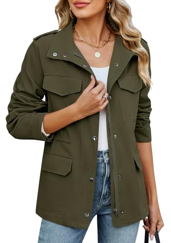 CMTOP Veste Femme mi Saison Court Léger Blouson en Coton, Décontracté Élégante Jacket Saharienne Veste Manteau avec Multi Poches pour Printemps Été Automne(Vert Militaire,M)