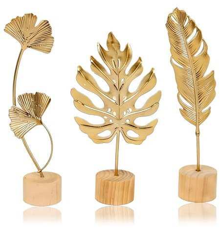3er Gold Moderne Blattskulptur Blatt Metall Skulptur Deko Ginkgo & Monstera | Feder Metall Skulptur Deko Aufsteller Blumen mit Holzsockel für Wohnzimmer Fensterbank und Büro