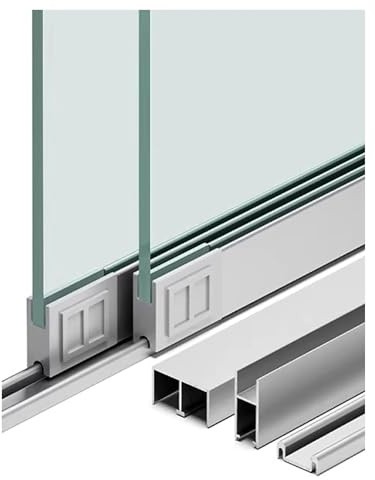 Kit de Puerta Corredera de Cristal 8 mm – Doble Riel de Aluminio con Rodillos, Herrajes Sin Taladro para Vitrinas, Armarios y 2 Paneles de Cristal(Silver,130cm/4.3ft)
