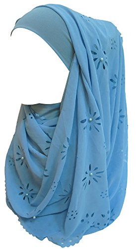 Lina & Lily Chiffon Hijab Kopftuch Schal mit Blumen und Perlen für muslimische Frauen (Azurblau)