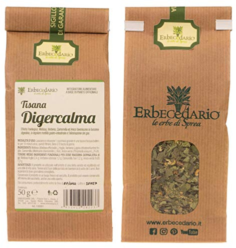 Erbecedario tisana digercalma con melissa e camomilla 50g | Infuso per digestione lenta e difficile, contro la tensione addominale tisana da gustare calda o fredda - Made in Italy