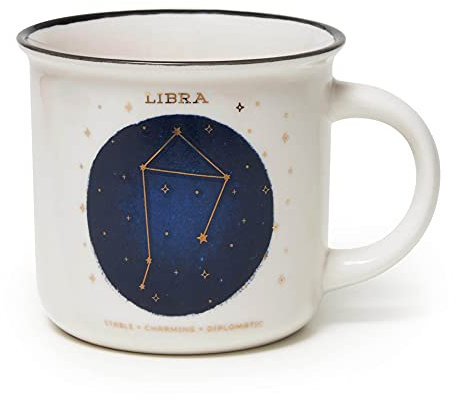Legami - Taza, Count Your Lucky Stars, Tema Libra, Taza de Porcelana New Bone China, Signo del Zodiaco Laminado en Oro, Apta para Lavavajillas, Capacidad 350 ml