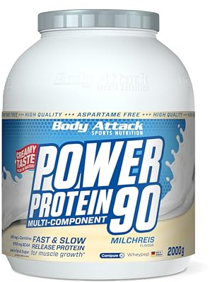 Body Attack POWER PROTEIN 90 - Milchreis - 2kg Dose - Mehrkomponenten Protein Pulver, Made in Germany - Mit BCAA, Vitaminen & L-Carnitin - Protein Shake extra cremiger Geschmack, gute Löslichkeit