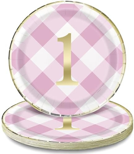 Pink Gingham 1st Birthday Round Dinner Plates (22cm) - Foil Boardorable Pink Design for Baby's First Celebration - 8ct, 9 inch