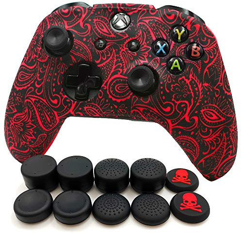 FOTTCZ Anti-Slip Soft Silicone Cover Skin Set for Microsoft Xbox One Controller which 1pcs Red Clover Controller Skin + 8pcs Thumb Grip Caps