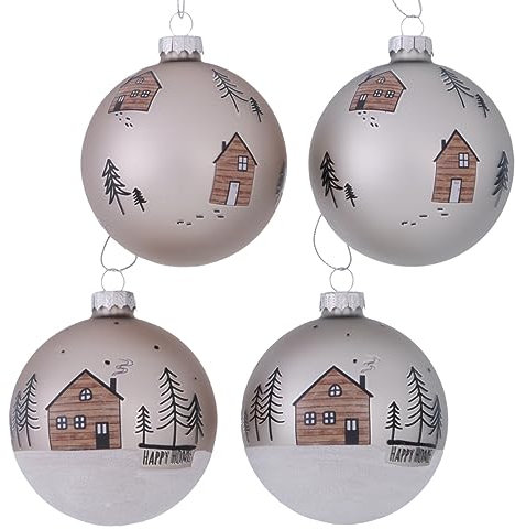 RiloStore 4 STK Glas Weihnachtskugeln Homewood Häuser 8CM Creme Silber braun Haus Design b940 Christbaumschmuck Weihnachtsschmuck Anhänger Weihnachtsdeko Christbaum Kugeln Glaskugeln Dots gepunktet