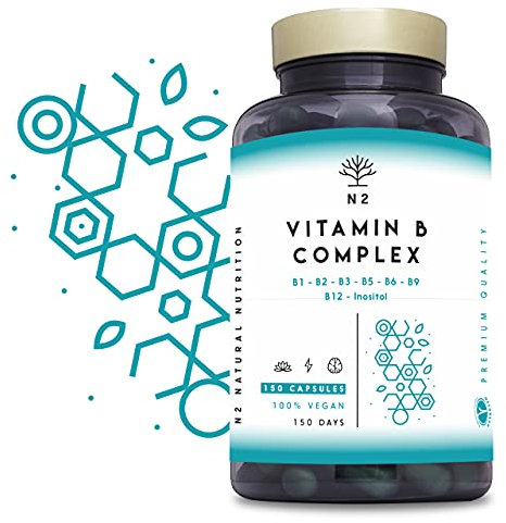 Vitamin B Complex High Strength. Vitamin B12, B9 (folic Acid), B7 (Biotin), B6, B5, B3, B2, B1,Inositol. Improves Mental Performance and Reduces Fatigue. 150 Capsules. Vegan. CE. N2 Natural Nutrition