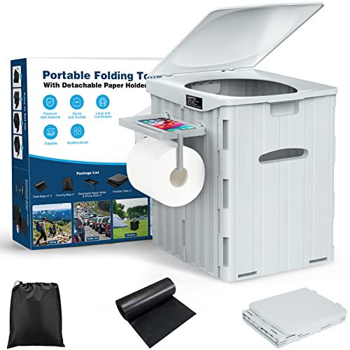 XL Portable Toilet for Adults Extra Large, 15.4H Foldable Camping Toilet with Detachable Phone Shelf and Toilet Paper Holder, Waterproof Porta Potty with Lid for Camping, Long Road Trips, Car, Gray